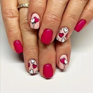 24 Pcs Press on Nail Set w Red White Heart Balloon Design Nude Pink Short Length